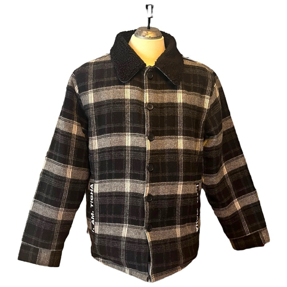 Tigha Men’s Plaid Wool Blend Jacket w/ Sherpa Collar, Black/Grey Check - Picture 2 of 16